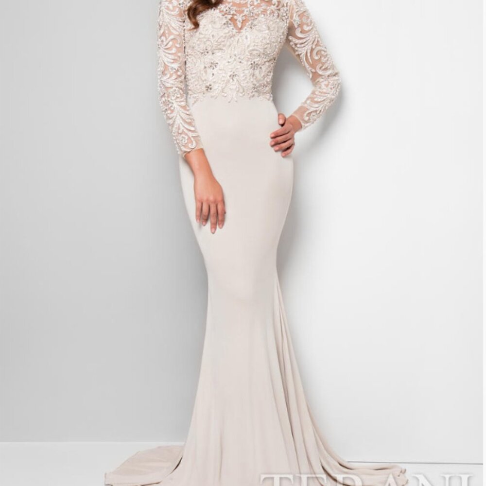 Terani Couture Lace and Beaded Evening Gown, Size 6 , Long Slv, Champagne